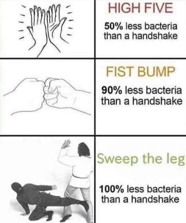 friendly wave corona meme - High Five 50% less bacteria than a handshake Fist Bump 90% less bacteria than a handshake Sweep the leg 100% less bacteria than a handshake