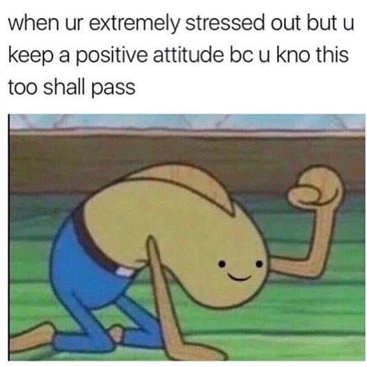stressed meme - when ur extremely stressed out but u keep a positive attitude bc u kno this too shall pass