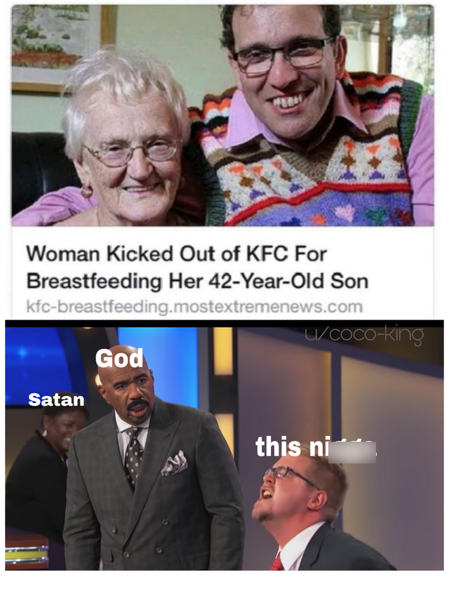 Woman Kicked Out of Kfc For Breastfeeding Her 42YearOld Son kfcbreastfeeding.mostextremenews.com wcocoking God Satan this ni