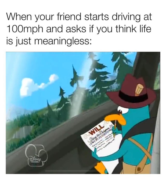 cartoon - When your friend starts driving at 100mph and asks if you think life is just meaningless Will Do Leaemy Possession Disney