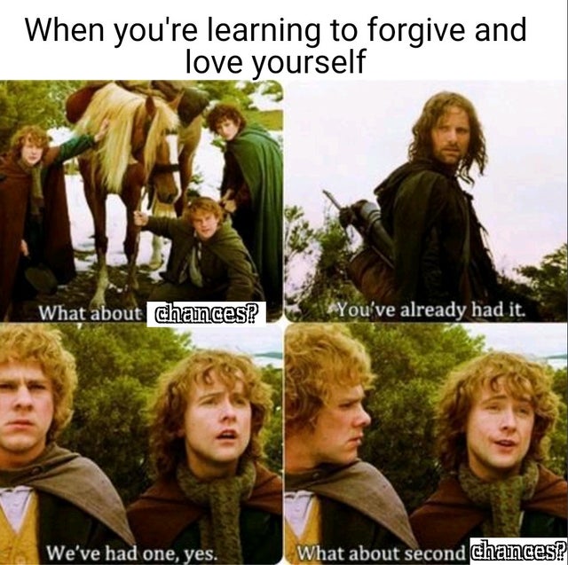 lotr impeachment meme - When you're learning to forgive and love yourself What about chances? You've already had it. We've had one, yes. What about second chances?