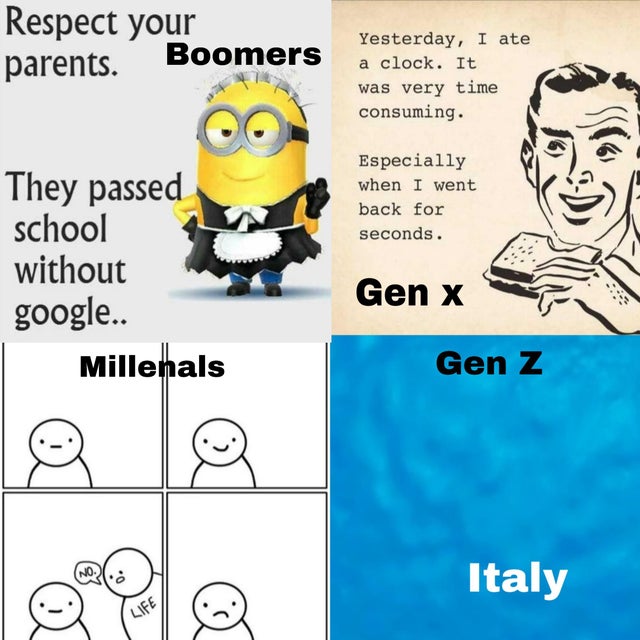 minion quotes on parents - Respect your parents. Boomers Yesterday, I ate a clock. It was very time consuming. Especially when I went back for seconds. They passed school without google.. Millenals Gen x Gen Z Italy