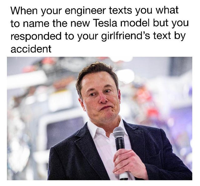 food for the hungry - When your engineer texts you what to name the new Tesla model but you responded to your girlfriend's text by accident