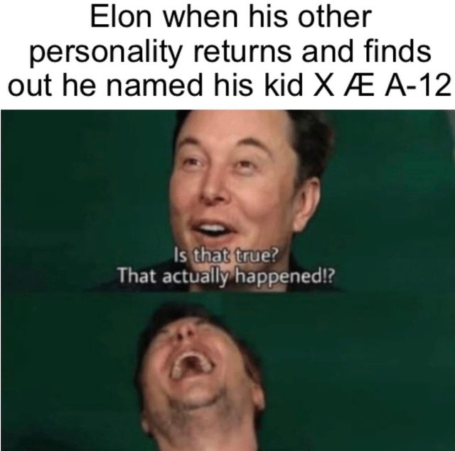 elon musk is this real - Elon when his other personality returns and finds out he named his kid X A12 Is that true? That actually happened!?