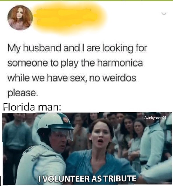 photo caption - My husband and I are looking for someone to play the harmonica while we have sex, no weirdos please. Florida man uwinkysocks21 I Volunteer As Tribute