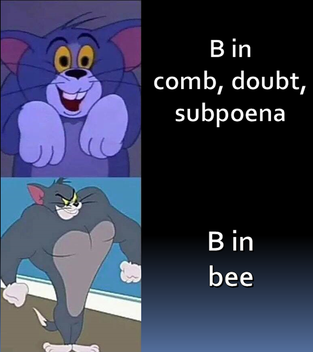 Internet meme - B in comb, doubt, subpoena B in bee