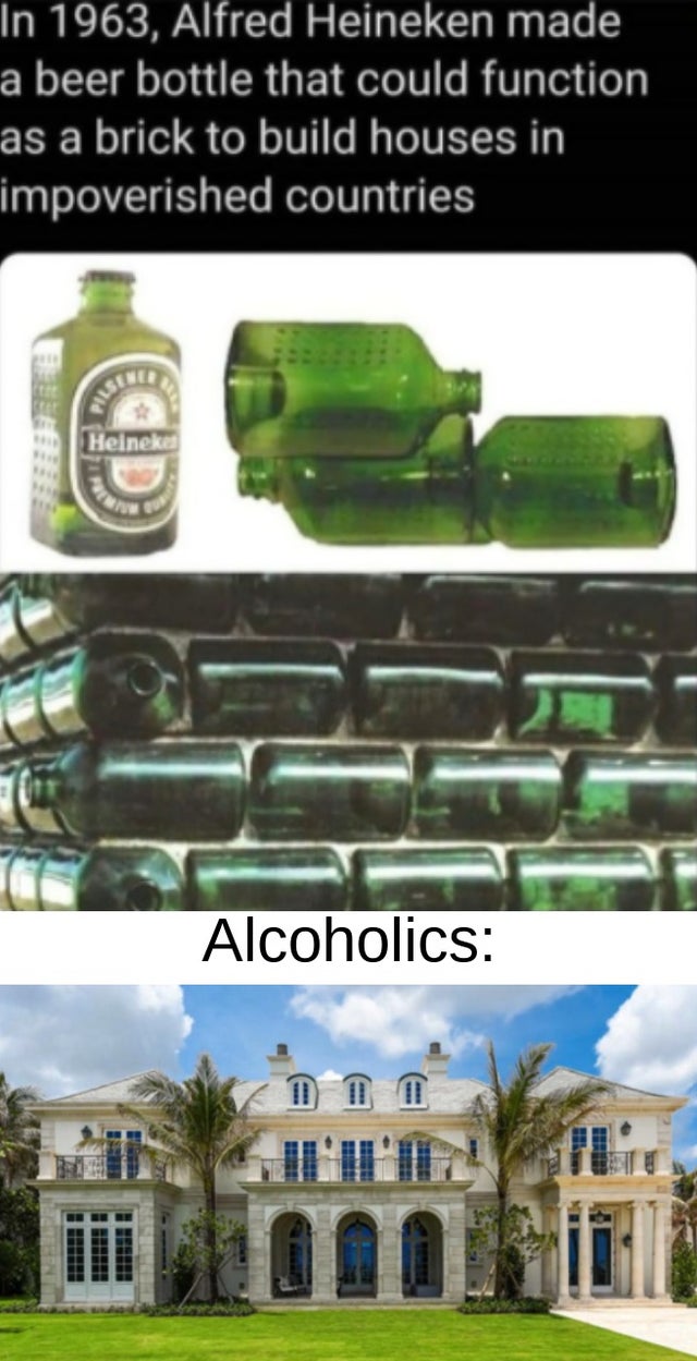 In 1963, Alfred Heineken made a beer bottle that could function as a brick to build houses in impoverished countries Heineke Alcoholics