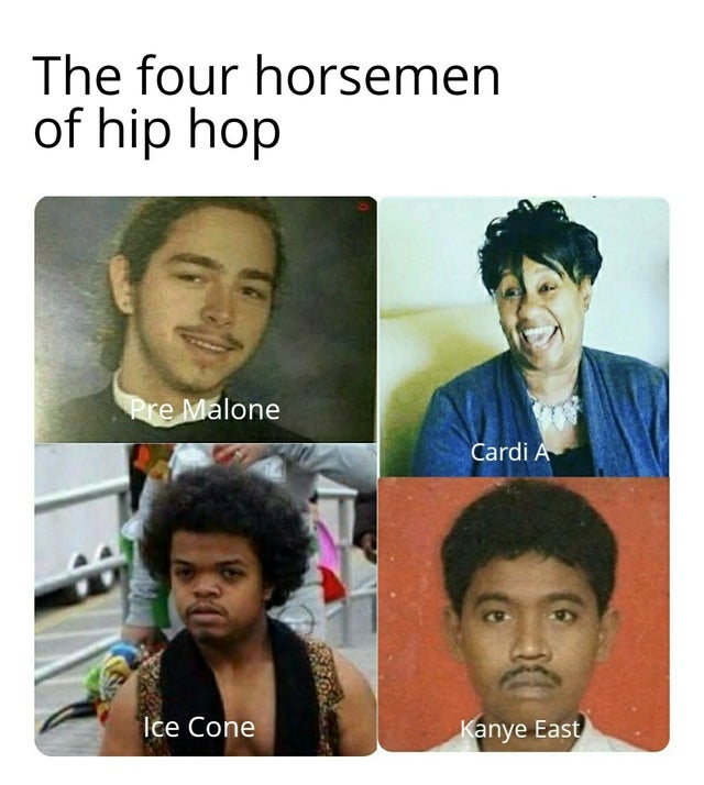 photo caption - The four horsemen of hip hop Pre Malone Cardi A Ice Cone Kanye East