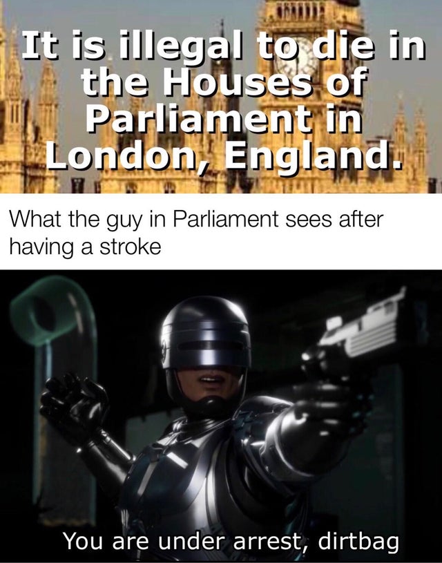 photo caption - It is illegal to die in the Houses of Parliament in London, England. What the guy in Parliament sees after having a stroke You are under arrest, dirtbag
