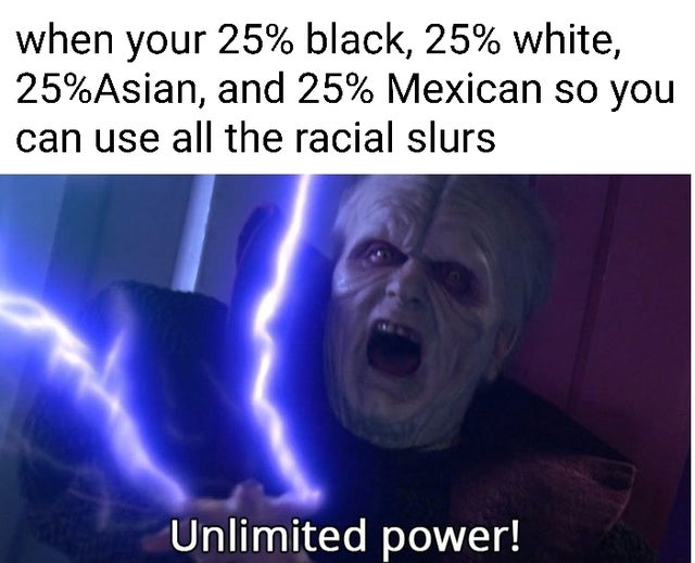 unlimited power meme - when your 25% black, 25% white, 25%Asian, and 25% Mexican so you can use all the racial slurs Unlimited power!