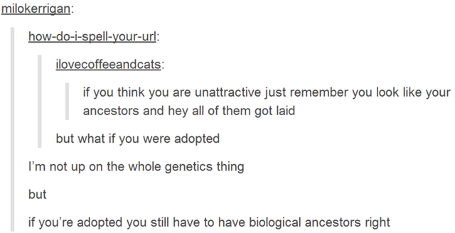 document - milokerrigan howdoispellyoururl ilovecoffeeandcats if you think you are unattractive just remember you look your ancestors and hey all of them got laid but what if you were adopted I'm not up on the whole genetics thing but if you're adopted yo
