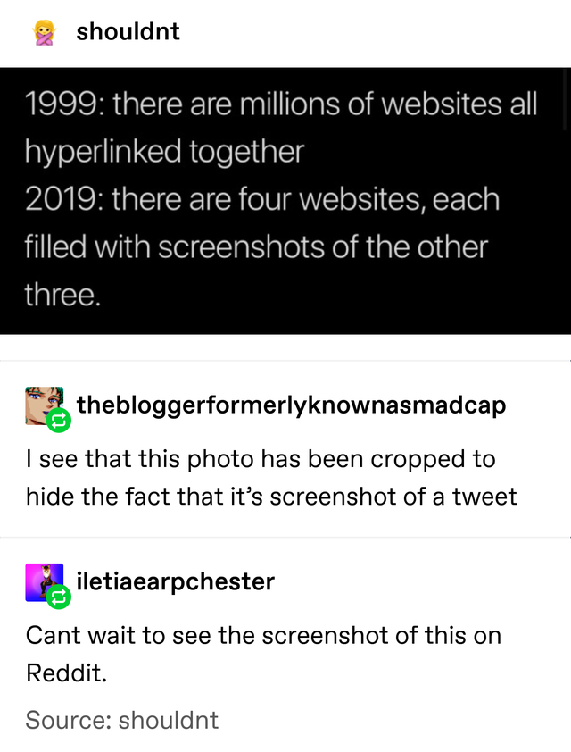 document - shouldnt 1999 there are millions of websites all hyperlinked together 2019 there are four websites, each filled with screenshots of the other three. thebloggerformerlyknownasmadcap I see that this photo has been cropped to hide the fact that it