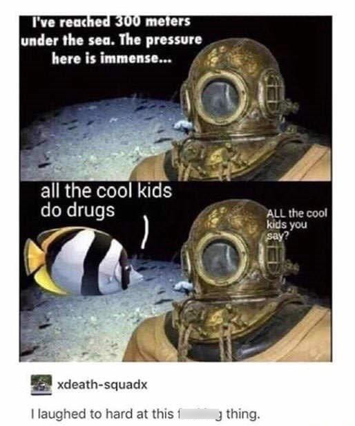 underwater pressure meme - I've reached 300 meters under the sea. The pressure here is immense... all the cool kids do drugs All the cool kids you say? xdeathsquadx I laughed to hard at this 1 y thing.