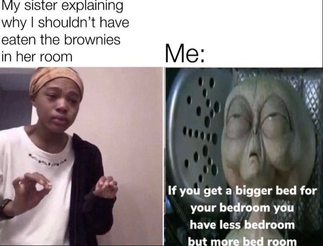 aphrodite areia - My sister explaining why I shouldn't have eaten the brownies in her room Me If you get a bigger bed for your bedroom you have less bedroom but more bed room