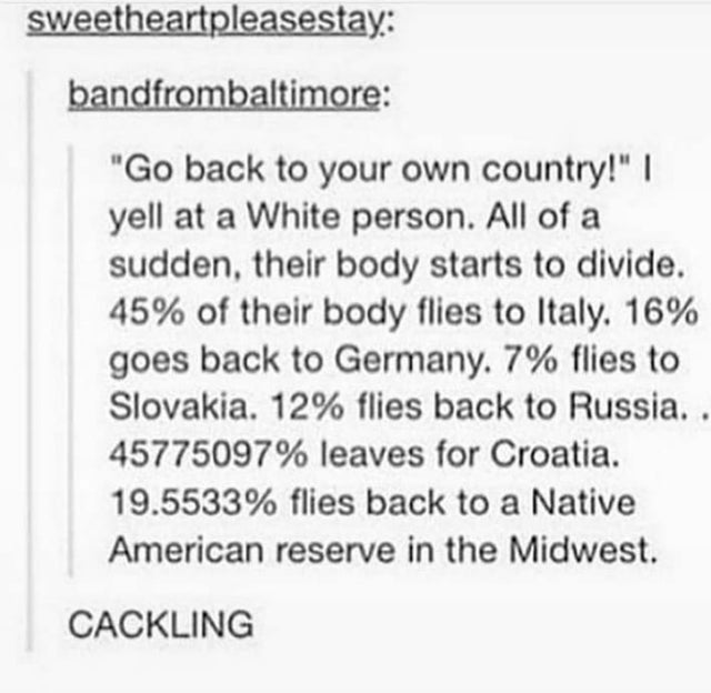otp meeting prompts - sweetheartpleasestay bandfrombaltimore "Go back to your own country!" | yell at a White person. All of a sudden, their body starts to divide. 45% of their body flies to Italy. 16% goes back to Germany. 7% flies to Slovakia. 12% flies