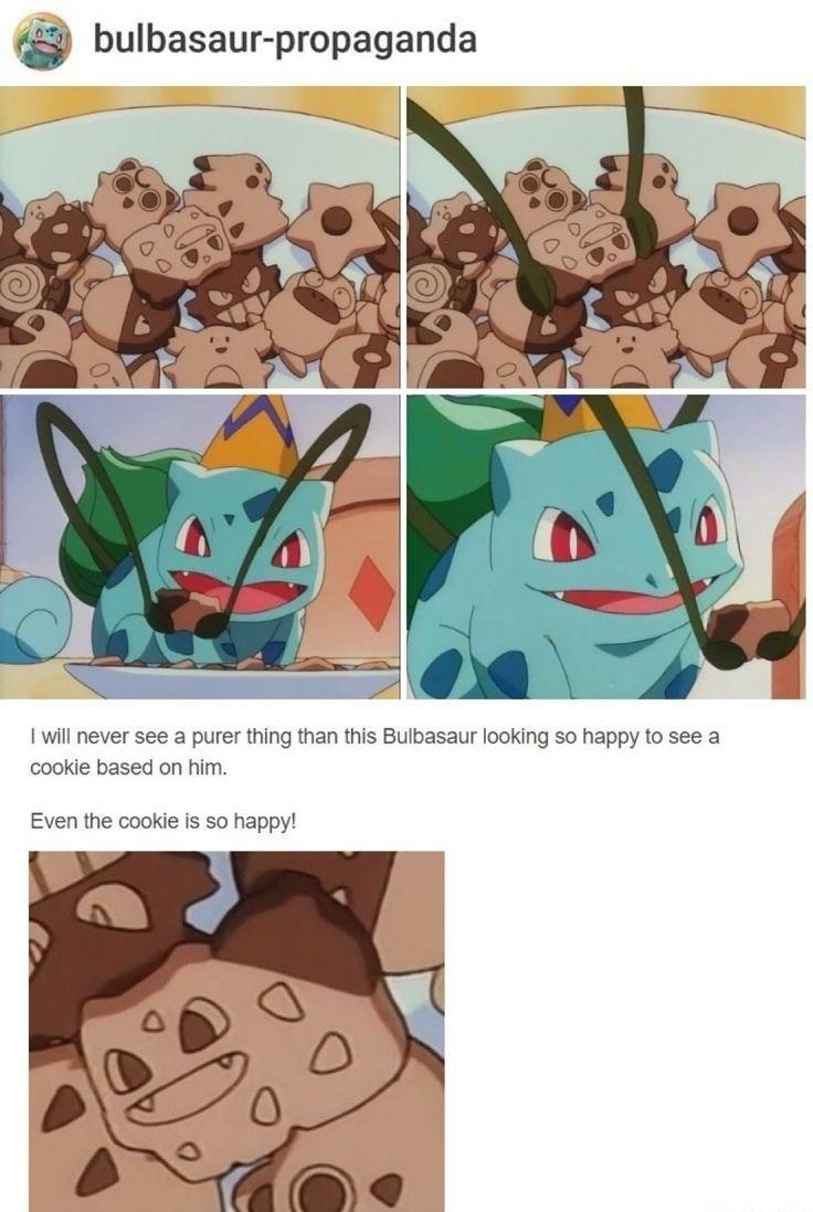 wholesome bulbasaur memes - bulbasaurpropaganda I will never see a purer thing than this Bulbasaur looking so happy to see a cookie based on him. Even the cookie is so happy!
