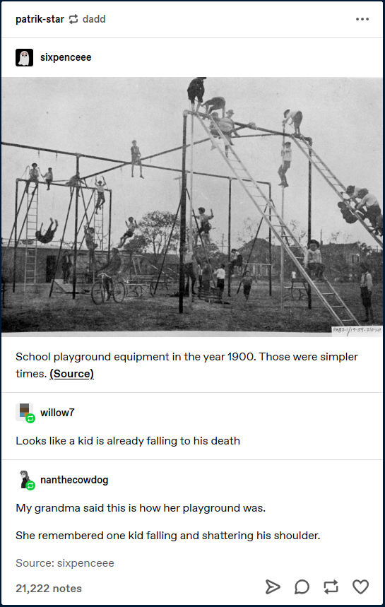 playground history - patrikstar dadd sixpenceee PR891195521 School playground equipment in the year 1900. Those were simpler times. Source willow7 Looks a kid is already falling to his death nanthecowdog My grandma said this is how her playground was. She