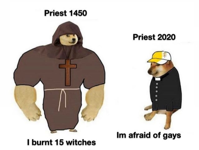 cartoon - Priest 1450 Priest 2020 Im afraid of gays I burnt 15 witches