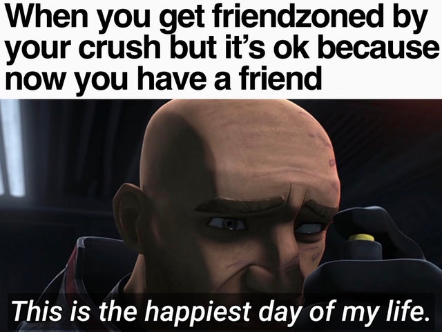 When you get friendzoned by your crush but it's ok because now you have a friend This is the happiest day of my life.