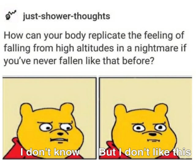 love honey meme - How can your body replicate the feeling of falling from high altitudes in a nightmare if you've never fallen that before? I don't know But I don't like this