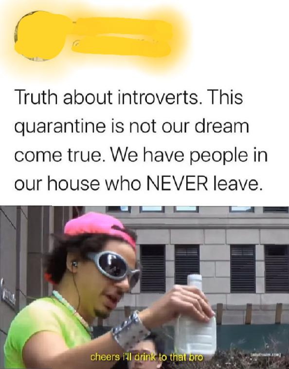 eric andre legalize ranch meme - Truth about introverts. This quarantine is not our dream come true. We have people in our house who Never leave. um cheers I'll drink to that bro
