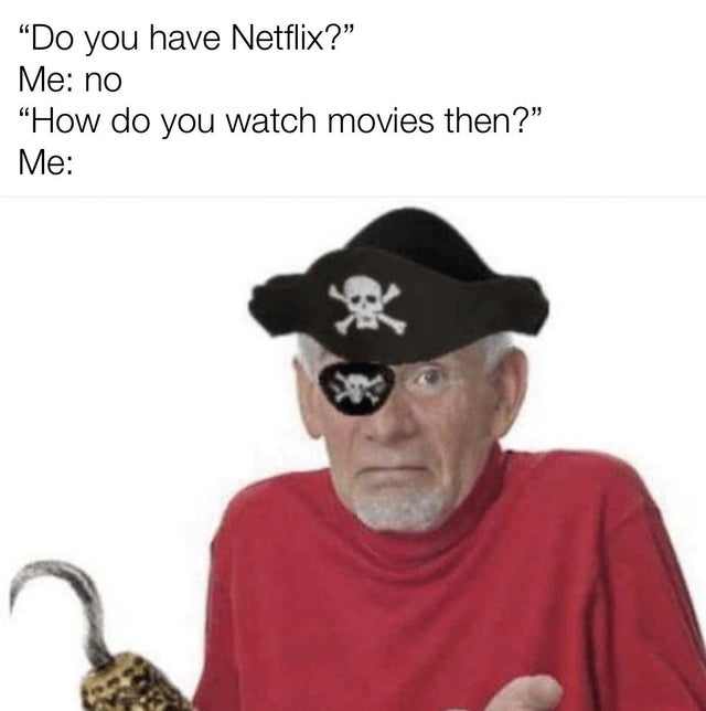 guess i ll pirate - Do you have Netflix?" Me no How do you watch movies then? Me