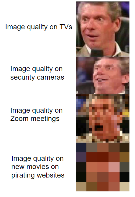 human behavior - Image quality on TVs Image quality on security cameras Image quality on Zoom meetings Image quality on new movies on pirating websites