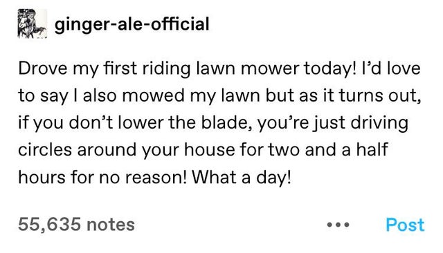 me explaining miraculous to my friend - gingeraleofficial Drove my first riding lawn mower today! I'd love to say I also mowed my lawn but as it turns out, if you don't lower the blade, you're just driving circles around your house for two and a half hour