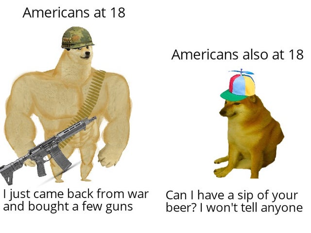 pet - Americans at 18 Americans also at 18 I just came back from war and bought a few guns Can I have a sip of your beer? I won't tell anyone