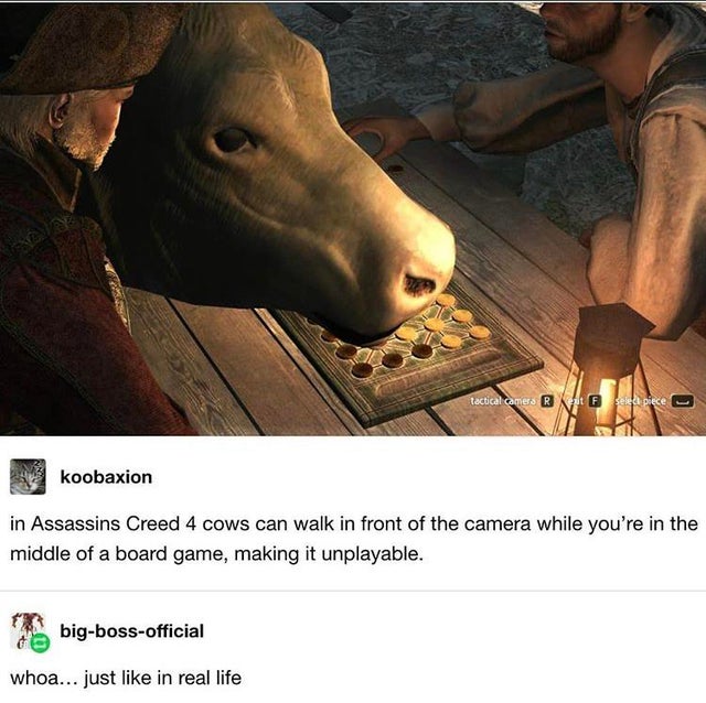in Assassins Creed 4 cows can walk in front of the camera while you're in the middle of a board game, making it unplayable. whoa... just like in real life