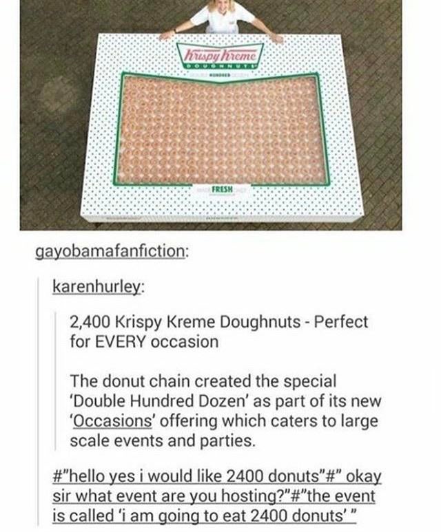 Krispy Kreme Doughnuts Perfect for Every occasion The donut chain created the special 'Double Hundred Dozen' as part of its new 'Occasions' offering which caters to large scale events and parties. - hello yes I would like 2400 donuts. okay sir what even a
