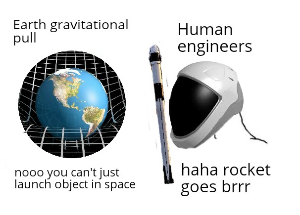 communication - Earth gravitational pull Human engineers haha rocket nooo you can't just launch object in space goes brrr