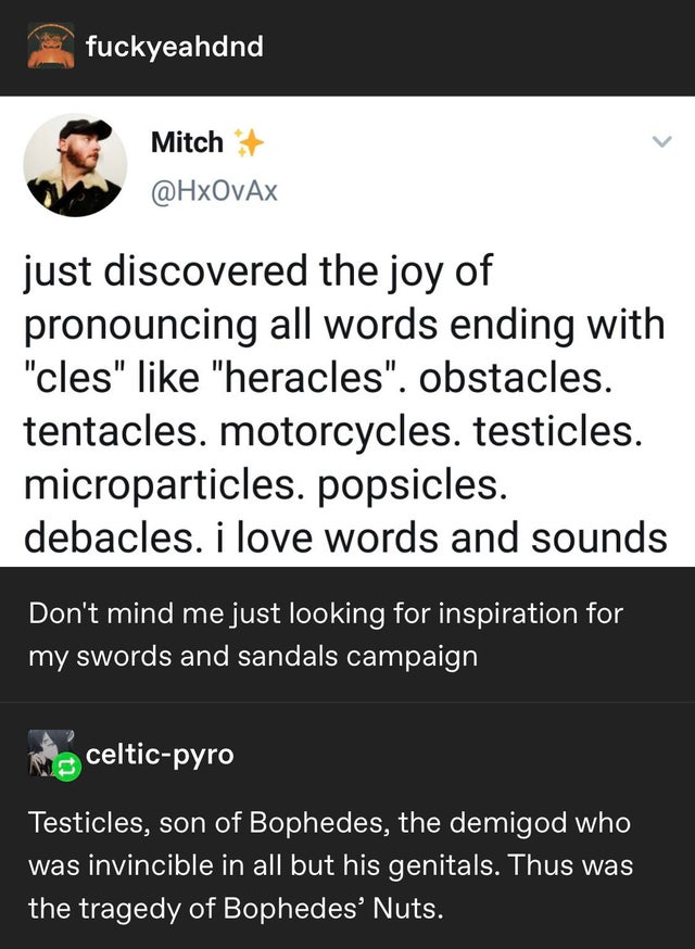 screenshot - fuckyeahdnd Mitch just discovered the joy of pronouncing all words ending with "cles" "heracles". obstacles. tentacles. motorcycles. testicles. microparticles. popsicles. debacles. i love words and sounds Don't mind me just looking for inspir