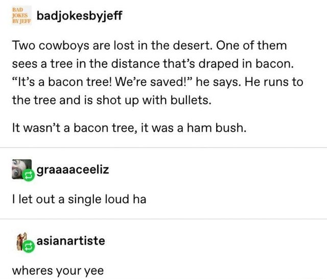 Bad Jokes By Jeep badjokesbyjeff Two cowboys are lost in the desert. One of them sees a tree in the distance that's draped in bacon. "It's a bacon tree! We're saved! he says. He runs to the tree and is shot up with bullets. It wasn't a bacon tree, it was 