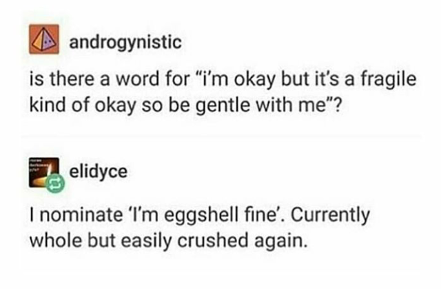 astrology shit - androgynistic is there a word for "i'm okay but it's a fragile kind of okay so be gentle with me"? elidyce I nominate 'I'm eggshell fine'. Currently whole but easily crushed again.
