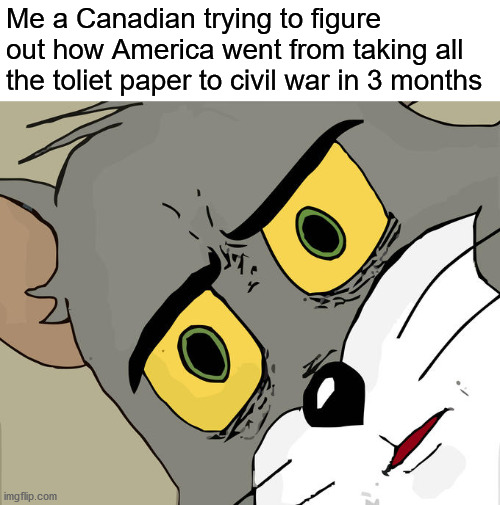 unsettled tom meme - Me a Canadian trying to figure out how America went from taking all the toliet paper to civil war in 3 months 7 imgflip.com