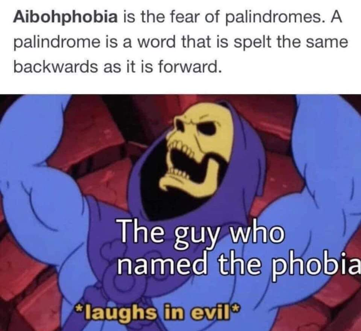 mark hamill skeletor - Aibohphobia is the fear of palindromes. A palindrome is a word that is spelt the same backwards as it is forward. 26 The guy who named the phobia laughs in evil