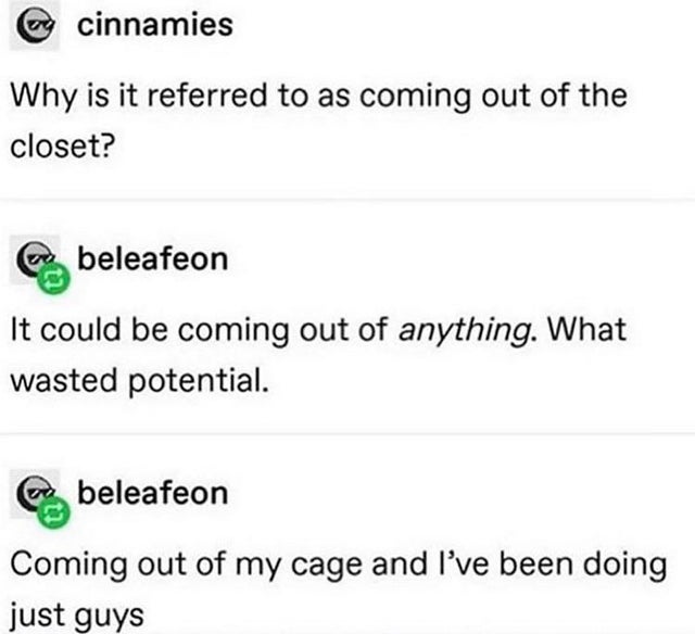 early to bed and early to rise makes me a bitch - cinnamies Why is it referred to as coming out of the closet? beleafeon It could be coming out of anything. What wasted potential. beleafeon Coming out of my cage and I've been doing just guys