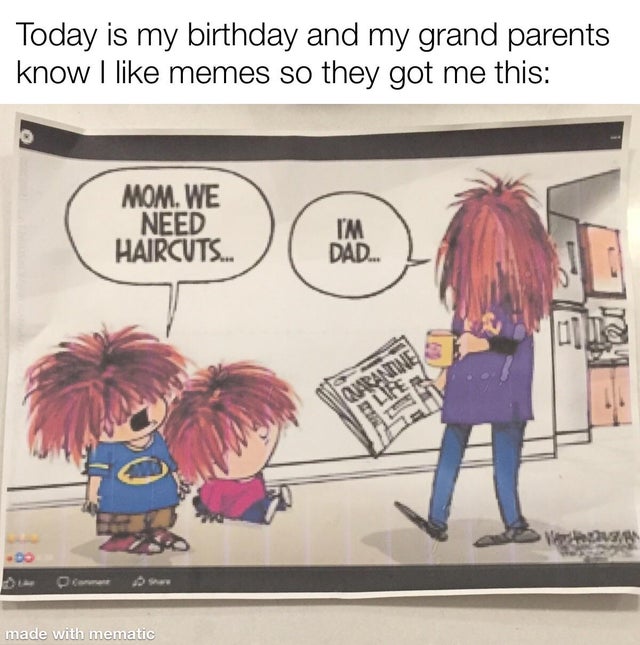 mom we need haircuts i m dad - Today is my birthday and my grand parents know I memes so they got me this Mom. We Need Haircuts... I'M Dad... 11 Quarantie Life em Wwe made with mematic
