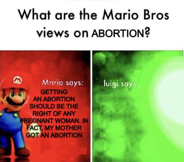 Mario Bros. - What are the Mario Bros views on Abortion? M luigi says Mario says Getting An Abortion Should Be The Right Of Any Pregnant Woman. In Fact, My Mother Got An Abortion