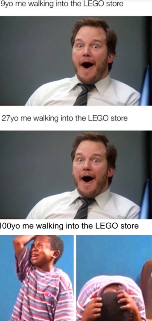Internet meme - Gyo me walking into the Lego store 27yo me walking into the Lego store 100yo me walking into the Lego store