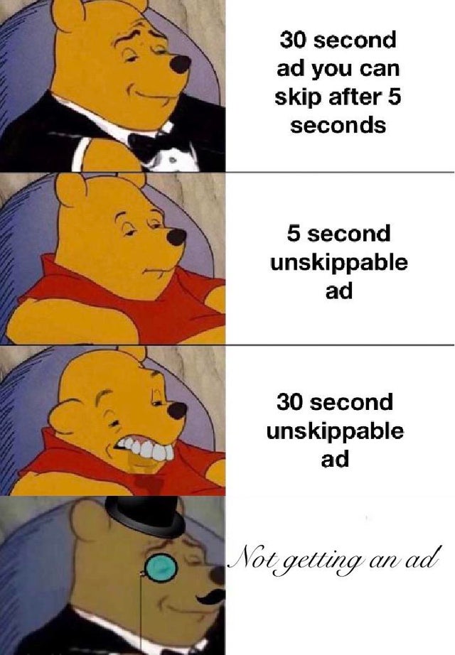 derp winnie the pooh meme template - 30 second ad you can skip after 5 seconds 5 second unskippable ad 30 second unskippable ad Not getting an ad