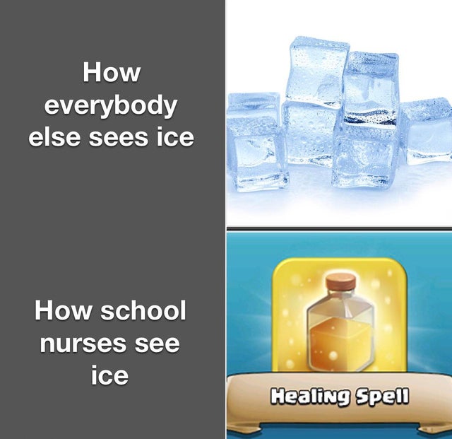 water - How everybody else sees ice How school nurses see ice Healing Spell