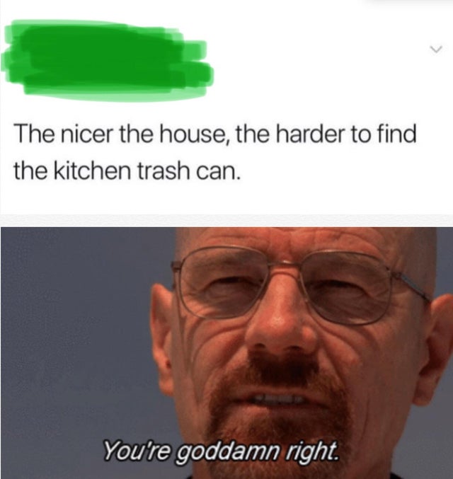 youre goddamn right - The nicer the house, the harder to find the kitchen trash can. You're goddamn right.