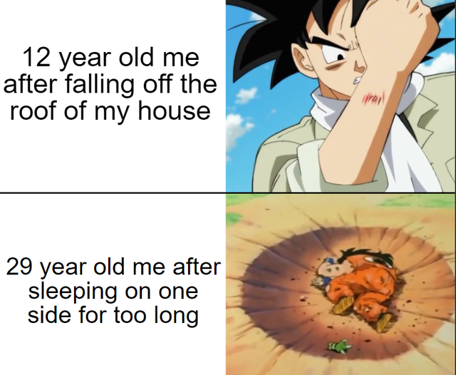 Goku - 12 year old me after falling off the roof of my house 29 year old me after sleeping on one side for too long