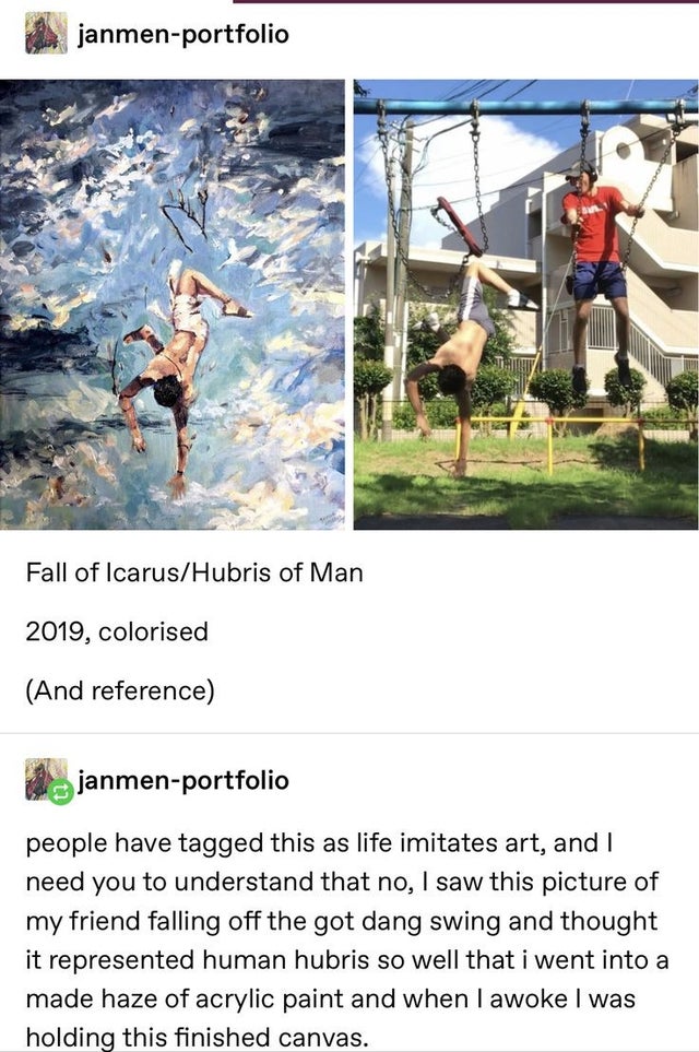 fall of icarus hubris of man - janmenportfolio Fall of IcarusHubris of Man 2019, colorised And reference janmenportfolio people have tagged this as life imitates art, and I need you to understand that no, I saw this picture of my friend falling off the go
