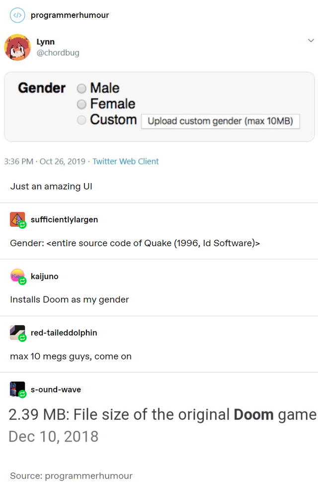 screenshot -  programmerhumour Lynn Gender Male Female Custom Upload custom gender max 10MB Twitter Web Client Just an amazing Ui sufficientlylargen Gender