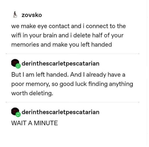 document - zovsko we make eye contact and i connect to the wifi in your brain and i delete half of your memories and make you left handed derinthescarletpescatarian But I am left handed. And I already have a poor memory, so good luck finding anything wort