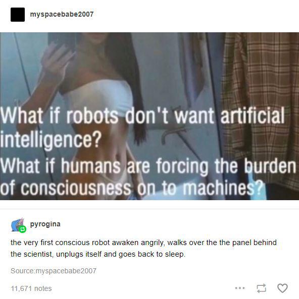 website - myspacebabe 2007 What if robots don't want artificial intelligence? What if humans are forcing the burden of consciousness on to machines? pyrogina the very first conscious robot awaken angrily, walks over the the panel behind the scientist, unp