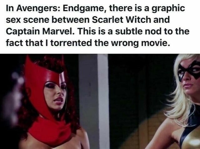 photo caption - In Avengers Endgame, there is a graphic sex scene between Scarlet Witch and Captain Marvel. This is a subtle nod to the fact that I torrented the wrong movie.